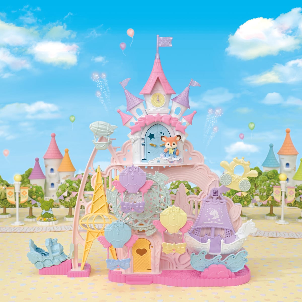 A Calico Critters amusement park toy. There is a little train, blimp, boat, and Ferris wheel.