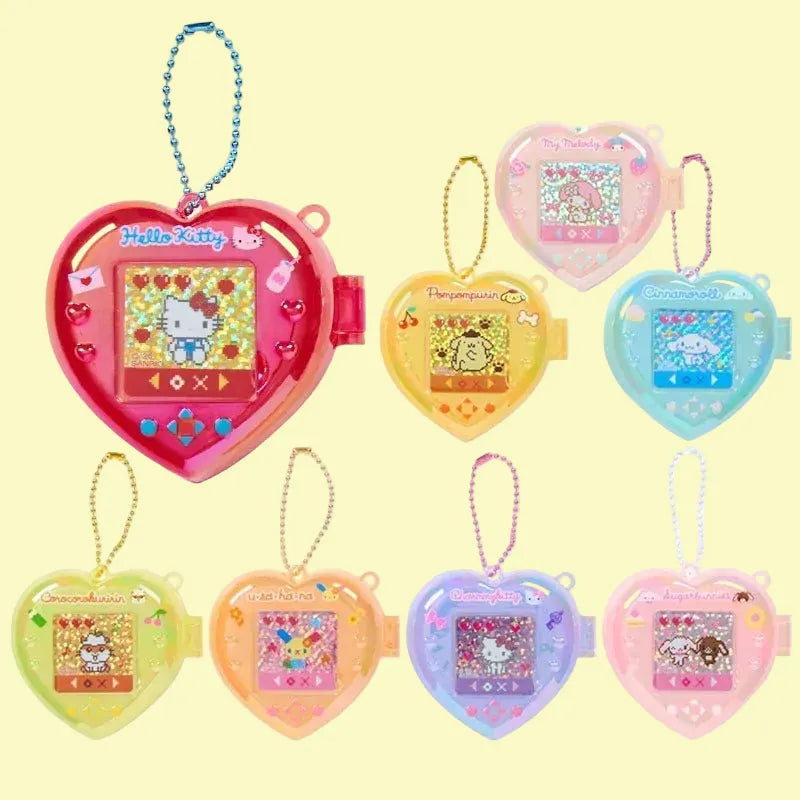 Several heart-shaped keychains with different Sanrio characters.