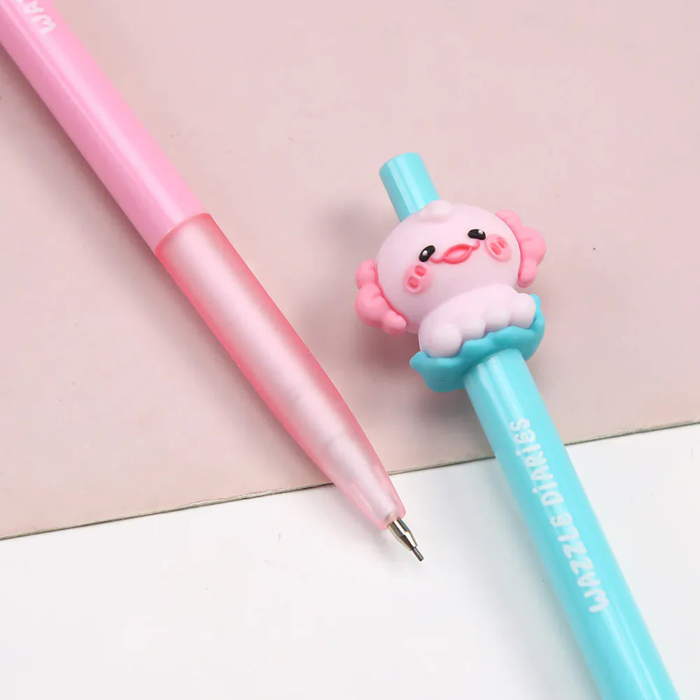 Two pens besides each other. The top of one of the pens has a little pink axolotl creature on it.