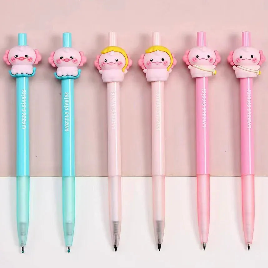 Several pens besides each other. All of them have little axolotl figures on the top.