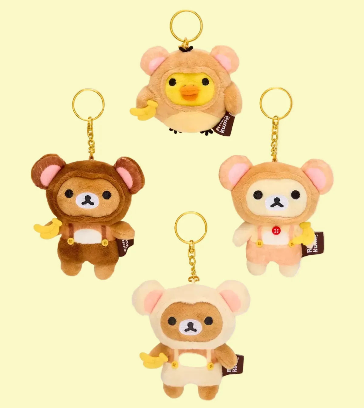 Four design keychain - front view of, Monkey dressed of Rilakkuma, Korilakkuma, Chairoikoguma, and Kiiroi Tori.