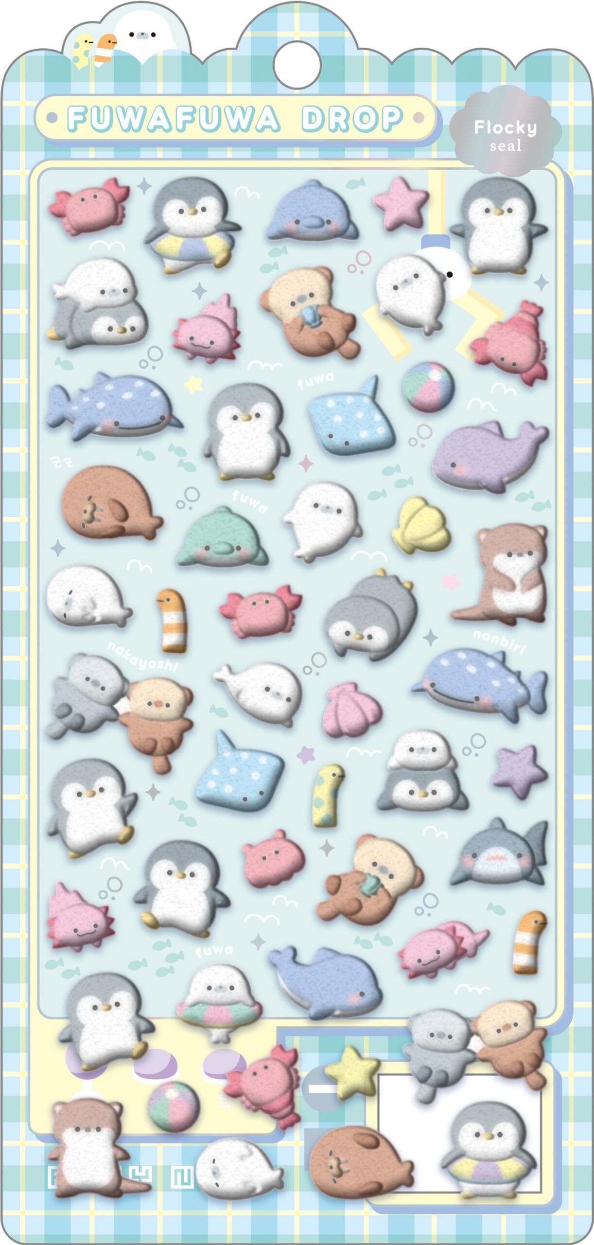 A sticker sheet with many cute sea creatures. There are crabs, penguins, stingrays, otters, and more.