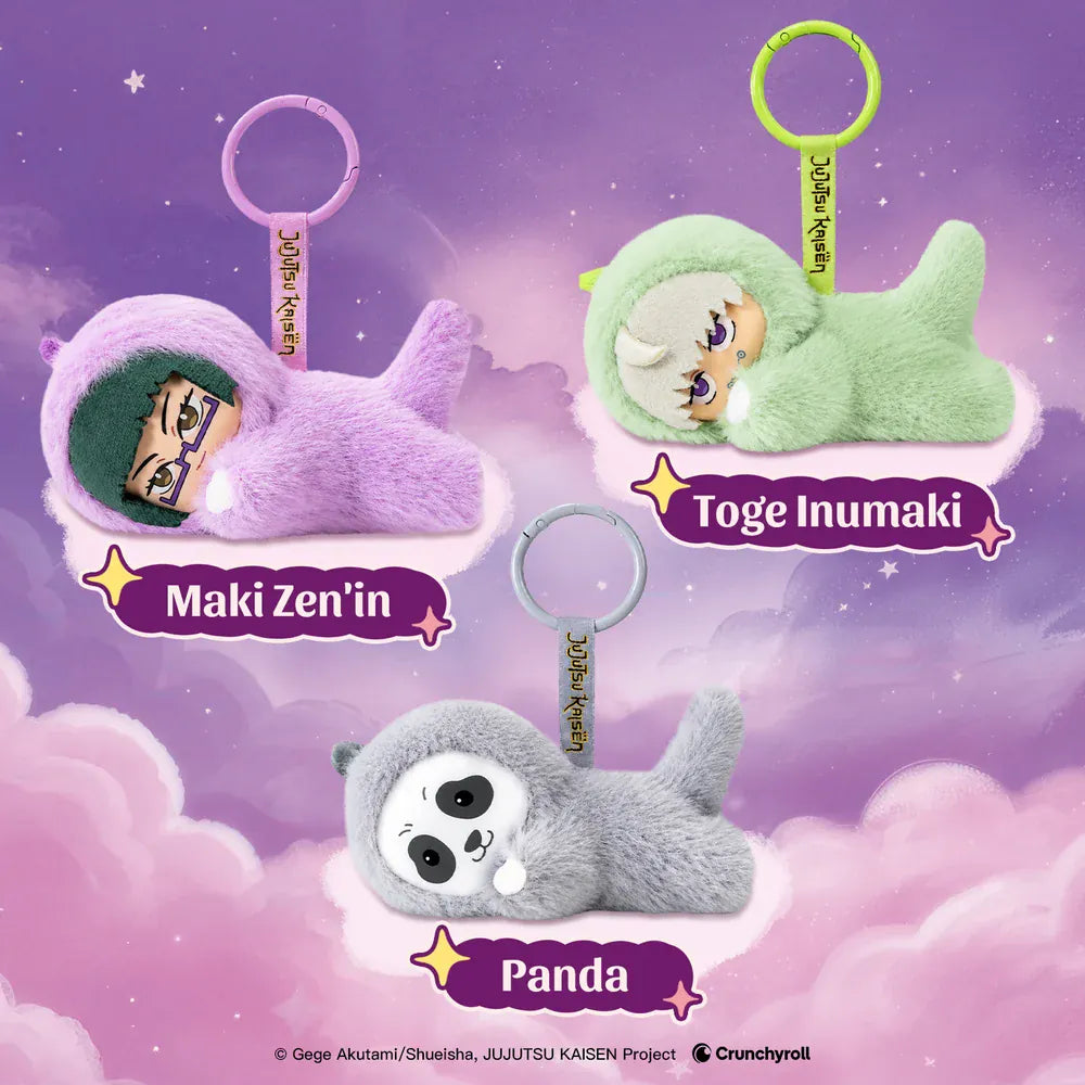 A collection of plush key chains featuring various Jujutsu Kaisen characters in onesies.