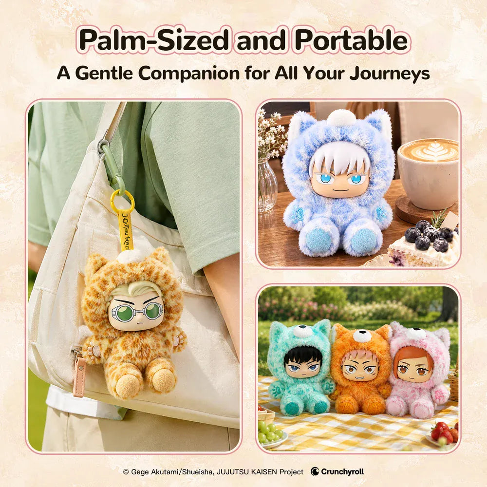 A poster showing keychains of various Jujutsu Kaisen characters wearing fluffy onesies. There is text reading "Palm-sized and portable. A gentle companion for all your journeys."