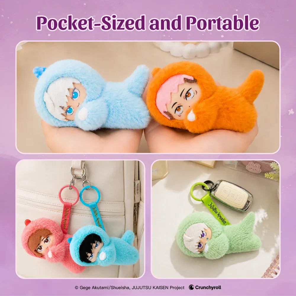 A collection of plush key chains featuring various Jujutsu Kaisen characters in onesies.