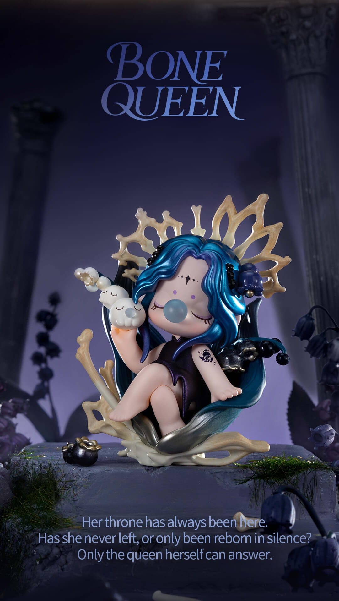 Nanci sits in a throne of bones and dark flowers. She holds a sleeping skull.