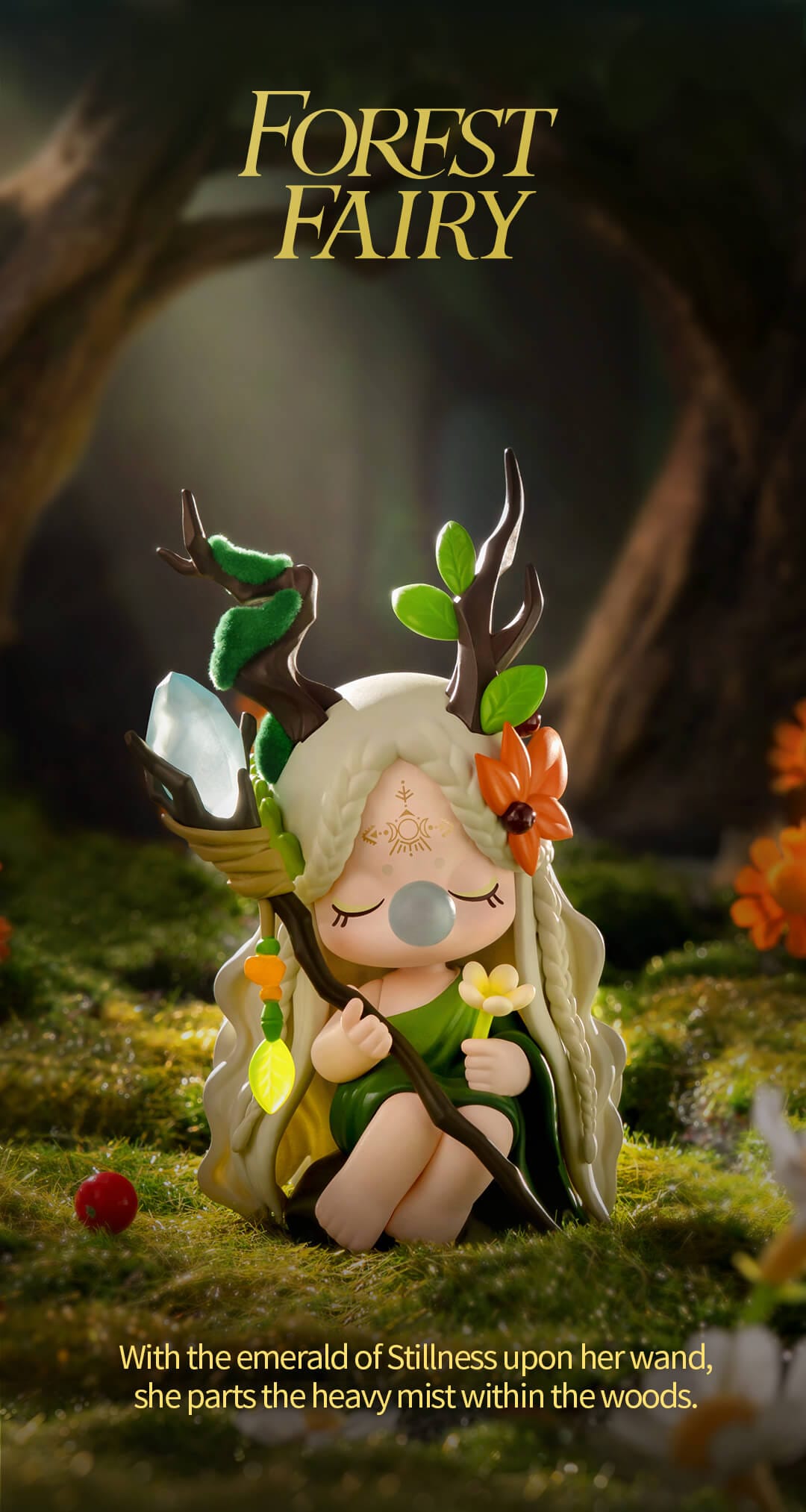 Branches sprout from Nanci's head like antlers. She sits holding a crystal staff and a flower.