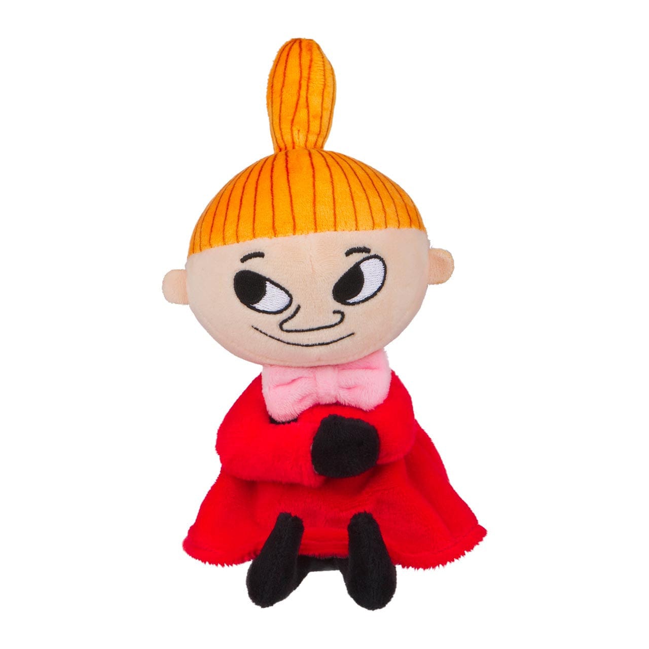 A plush of a girl in a red coat with a pink bow. She has bright orange hair sticking up, and a mischievous smile.