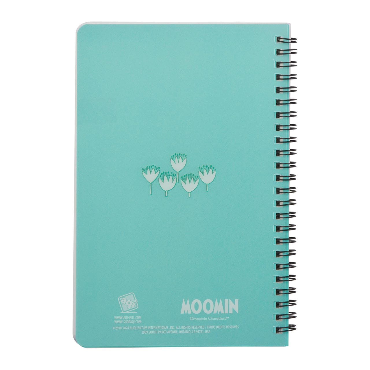 A blue notebook with an illustration of a few small white flowers in the center of the back cover.