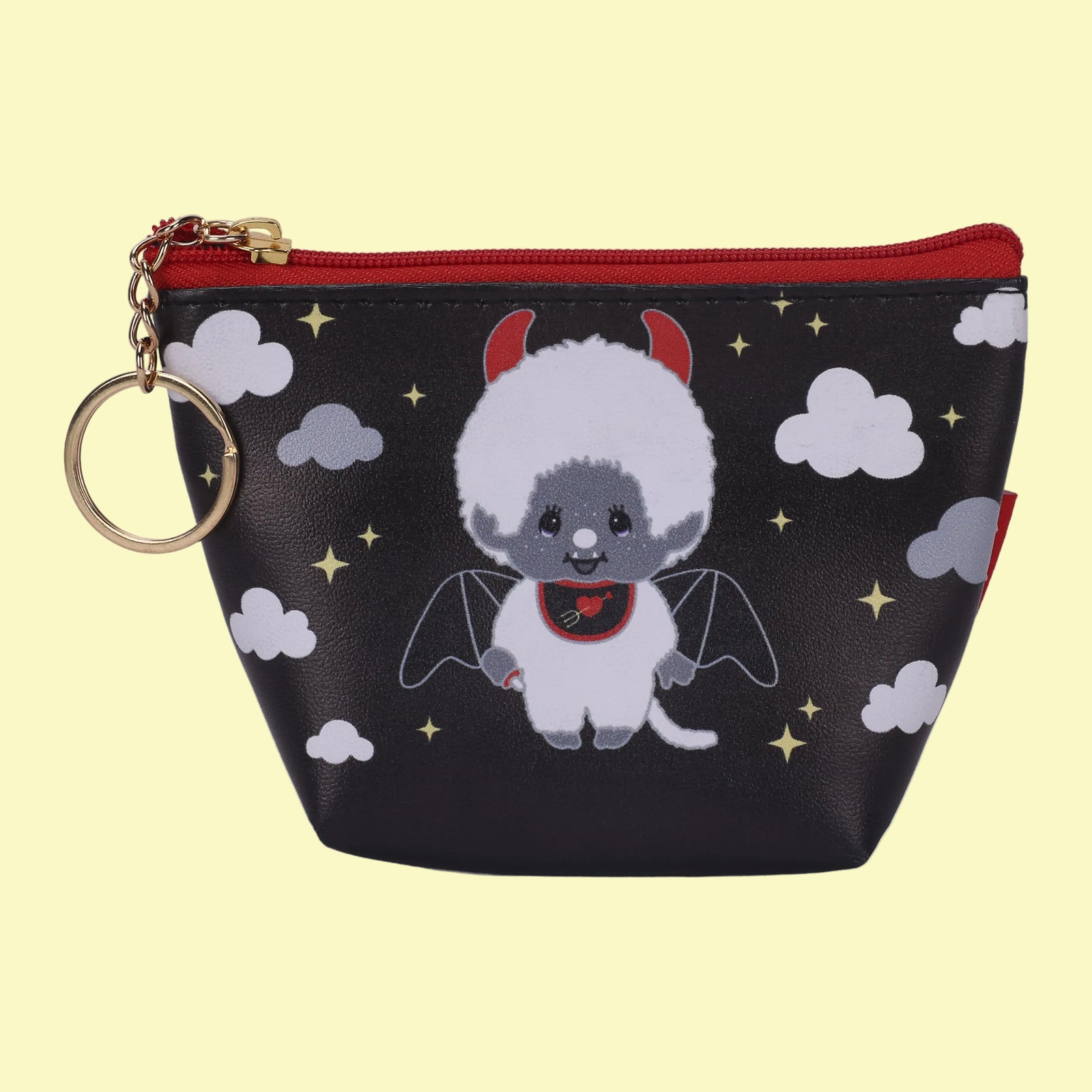 A black coin purse with an illustration of a Monchhichi character dressed a a demon.