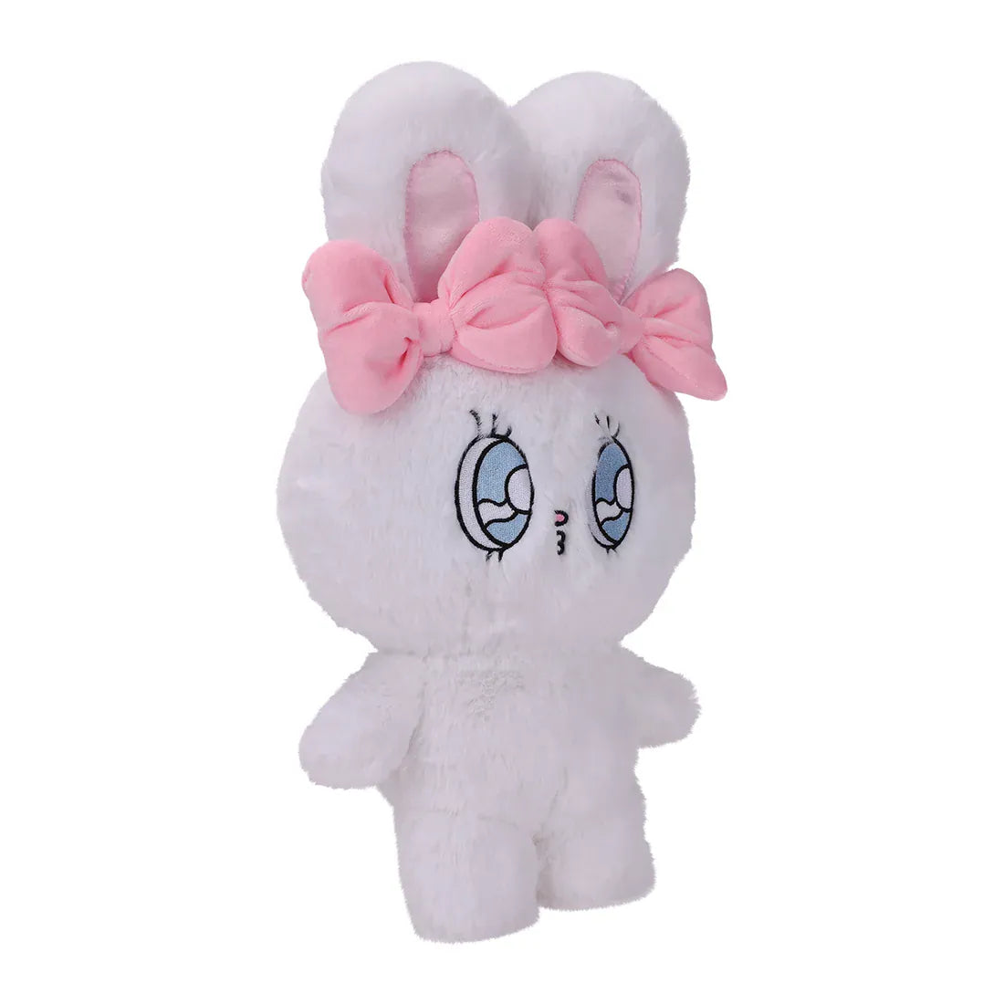 A white, fluffy rabbit plush, with big, blue eyes, and two pink bows.