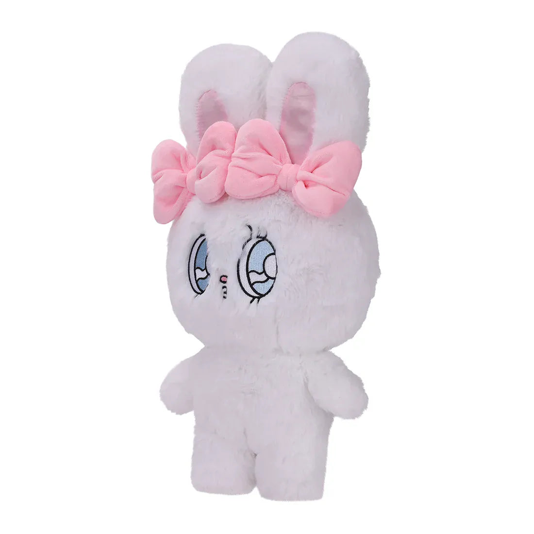 A white, fluffy rabbit plush, with big, blue eyes, and two pink bows.