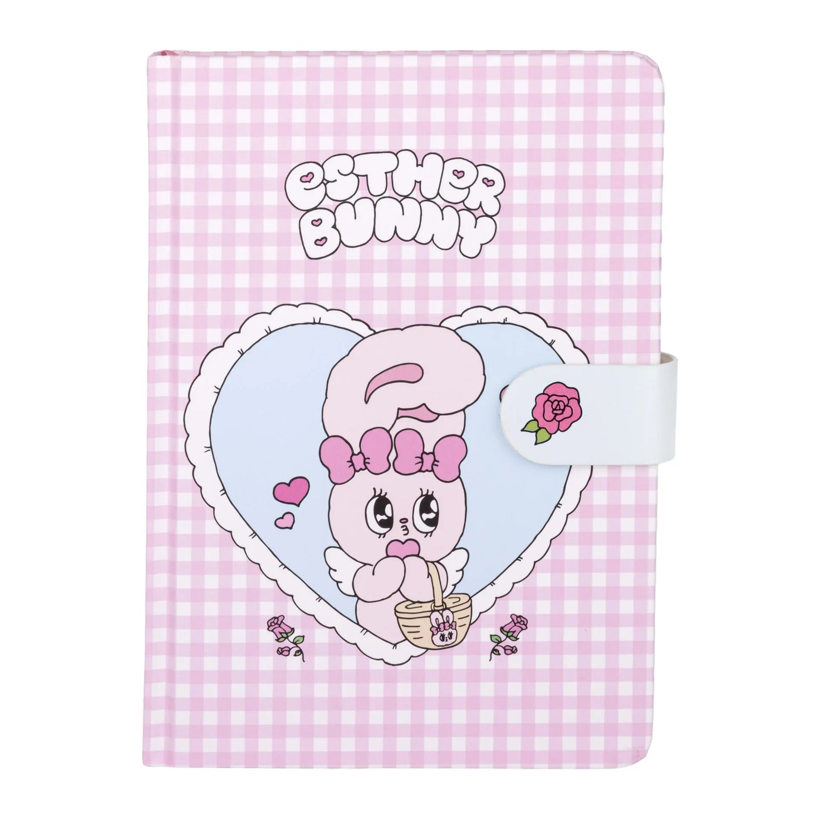 Photo of pink gingham notebook with clasp. Says Esther Bunny with the character inside a heart.