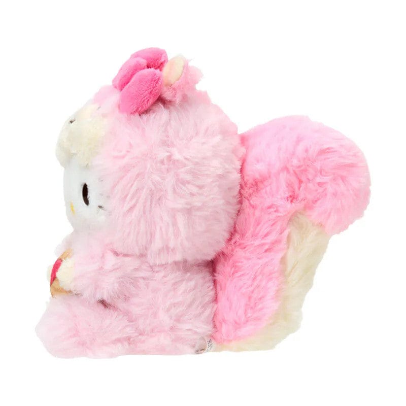 Side-view of Hello Kitty plush keychain showcasing the squirrel costume's fluffy tail