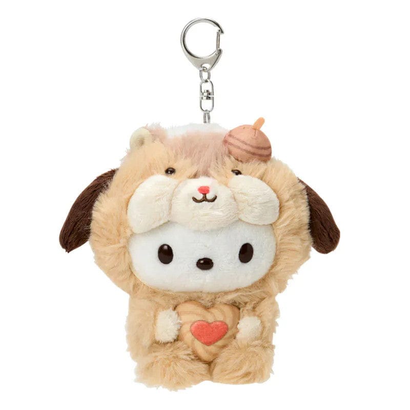 Plush keychain of Pochacco dog character in a light brown squirrel outfit holding a heart-shaped nut treat. Has silver lobster clasp.