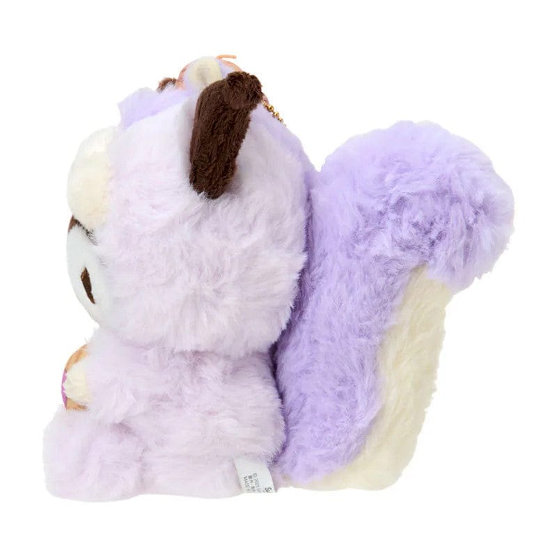 Side-view of Kuromi plush keychain showcasing the squirrel costume's fluffy tail