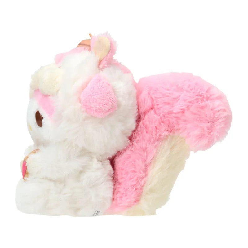 Side-view of My Melody plush keychain showcasing the squirrel costume's fluffy tail