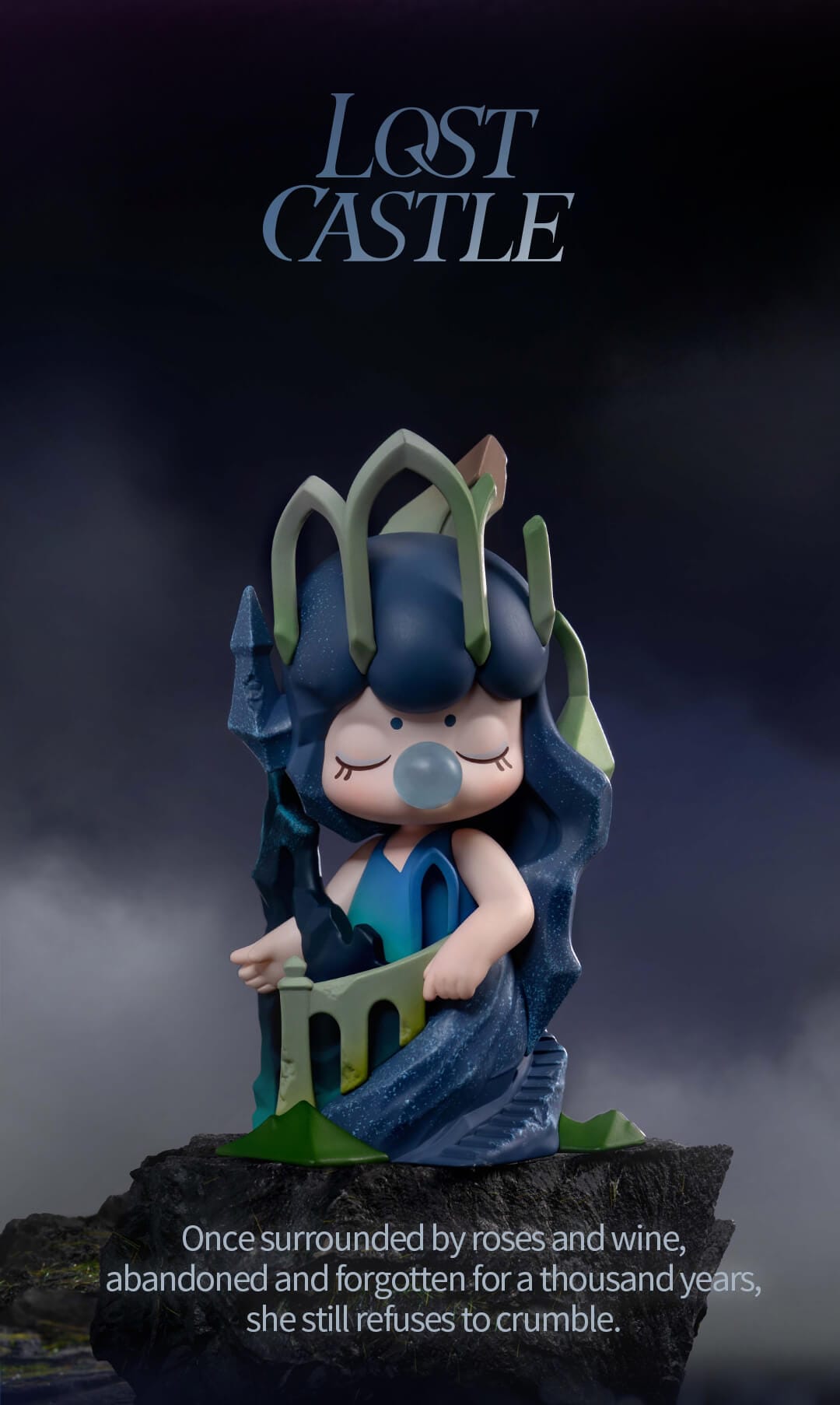Nanci stands proudly in a castle tower with the steps and ruins making up her dress and hair ornaments