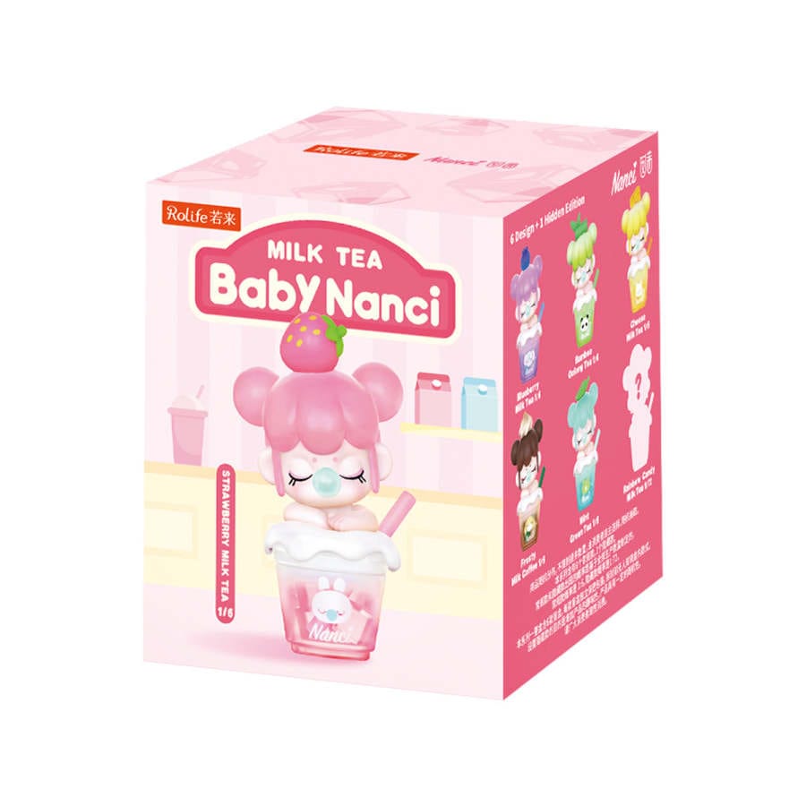 A blind box with an image of a figure of a little girl sitting in a milk tea with a strawberry on her head. The box has text reading "Milk Tea Baby Nanci".