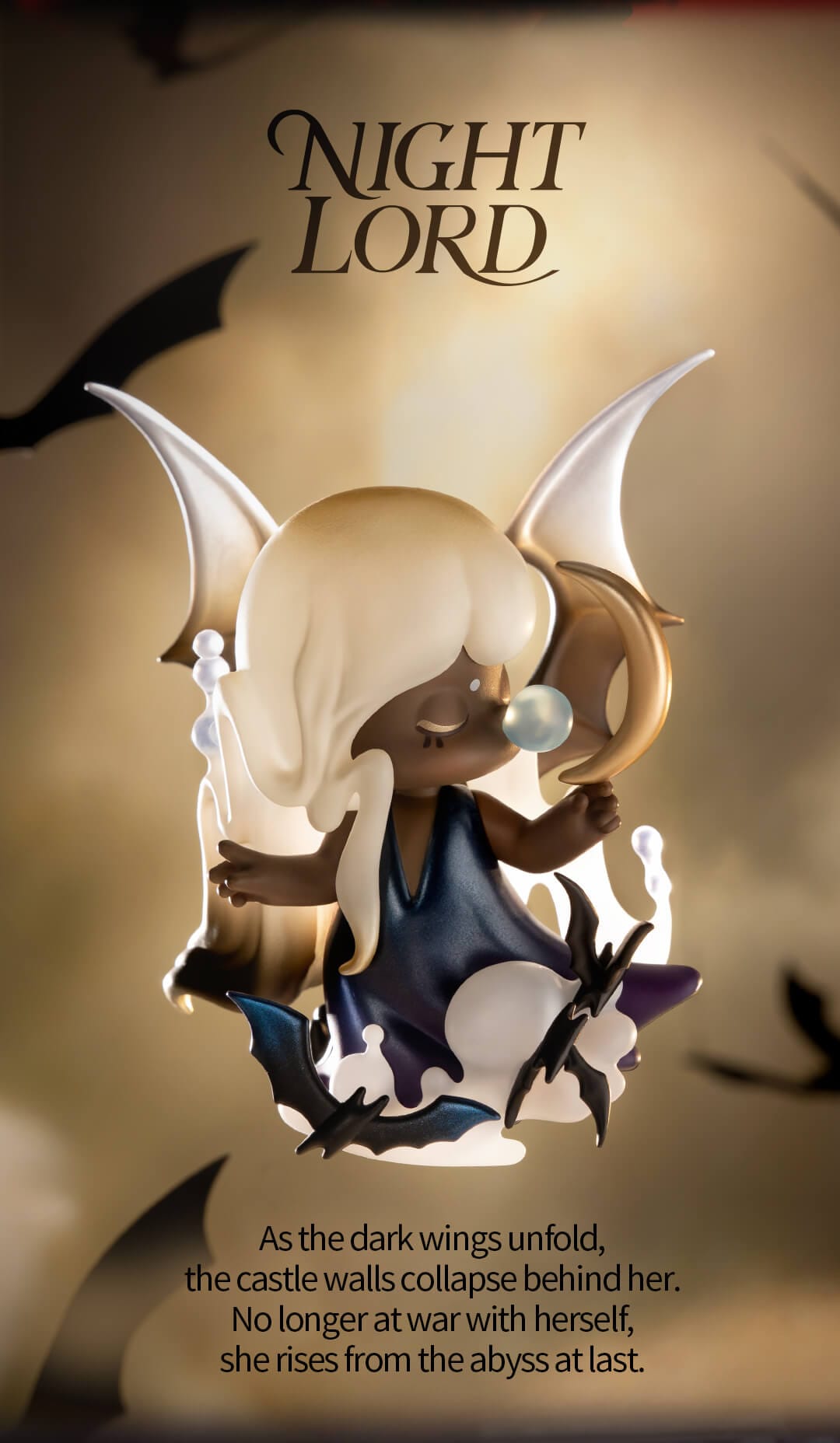 Nanci flies in the clouds with her large bat-like wings. Small bats fly alongside her.