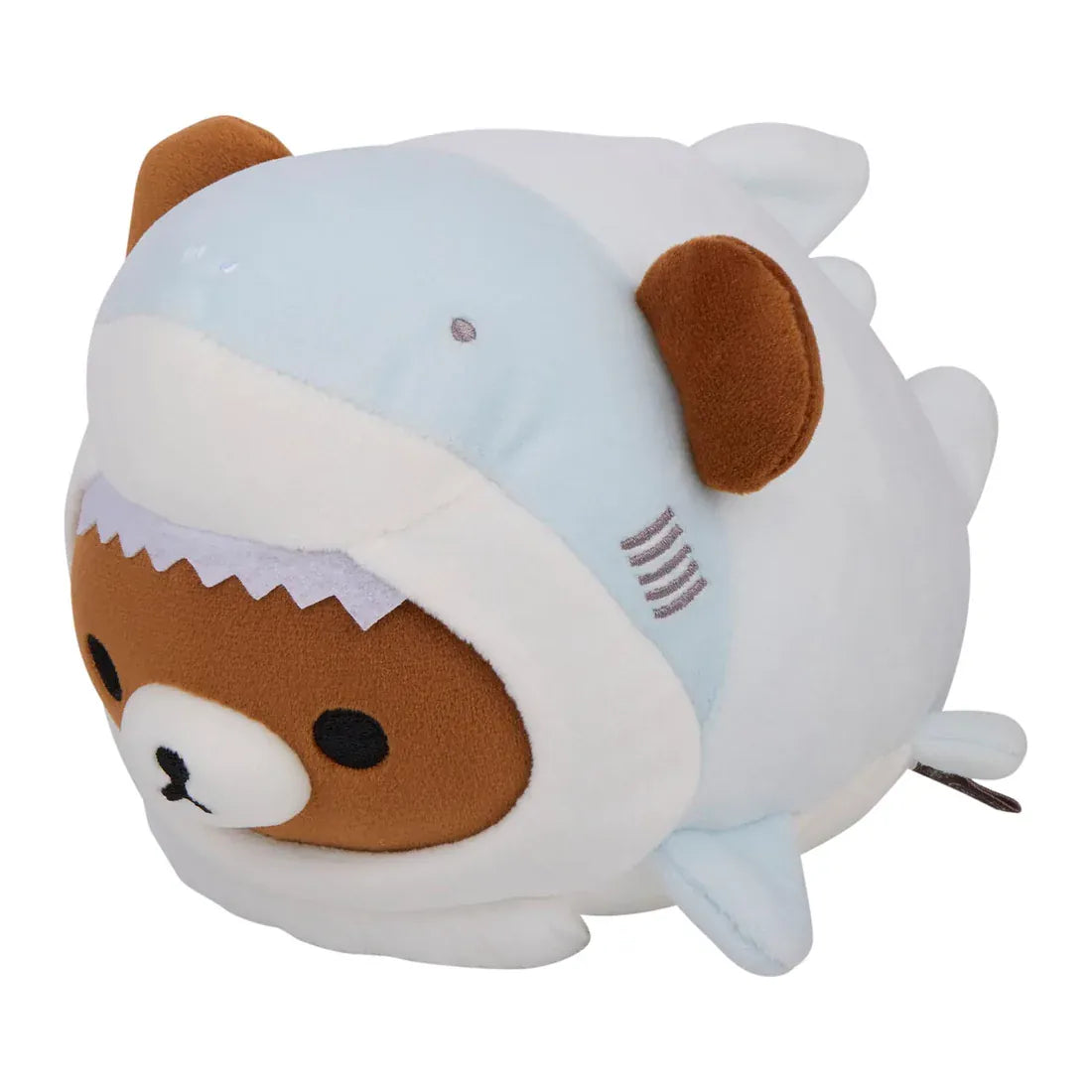 Picture of side of brown bear plush dressed in shark costume