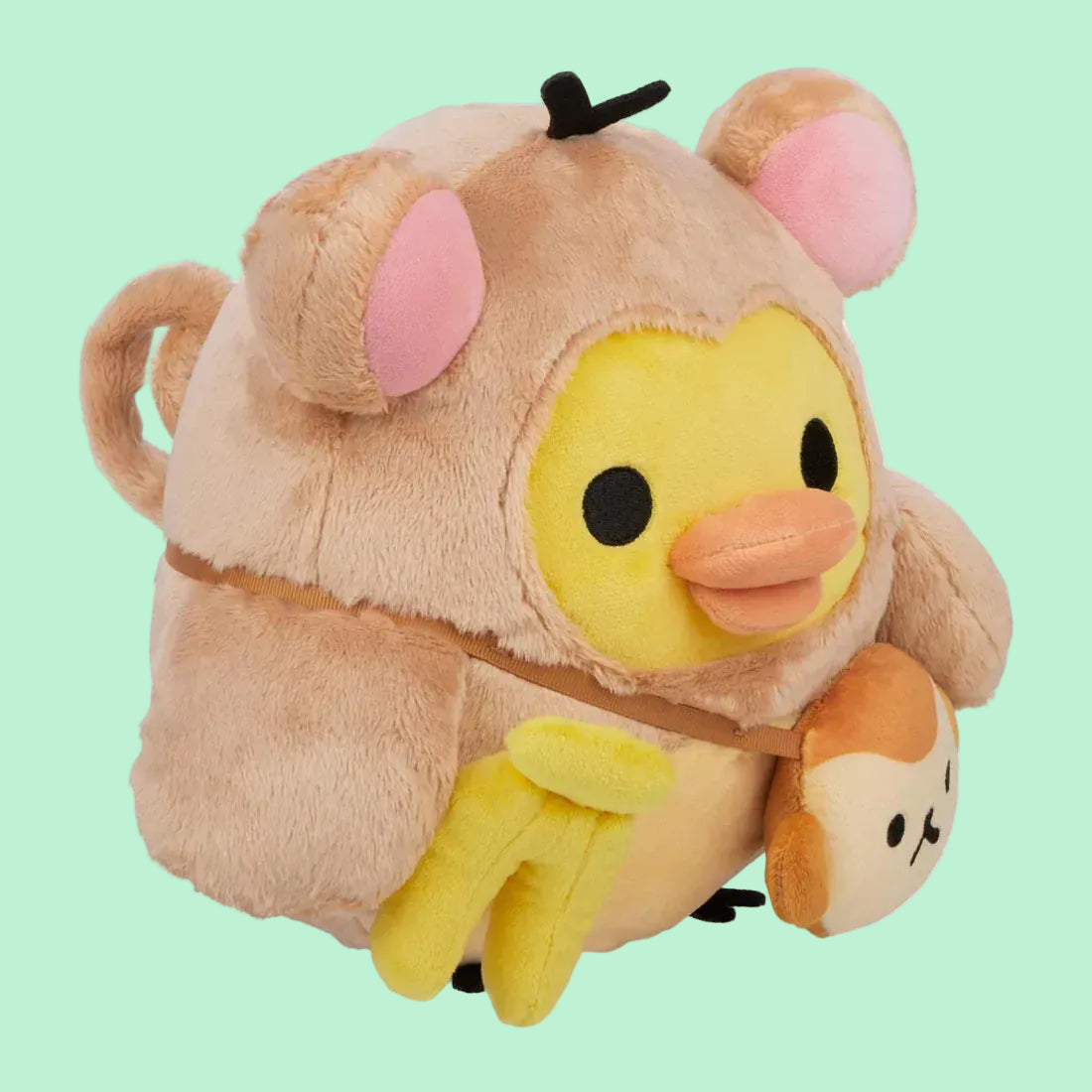 A cute plush of a rotund duckling wearing a monkey outfit.