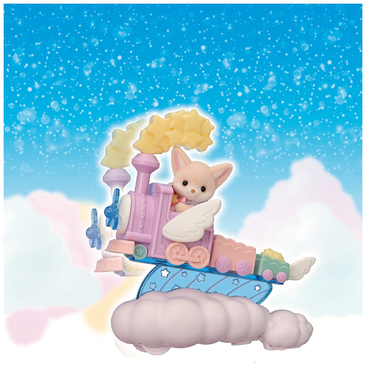 The baby fennec fox figure rides in the steam train of the playset. The train moves up and down.