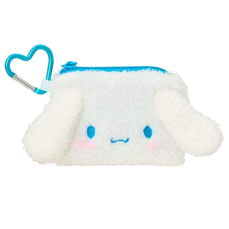 Cinnamoroll mini flat pouch with white fluffy texture and embroidered Sanrio character face on front.