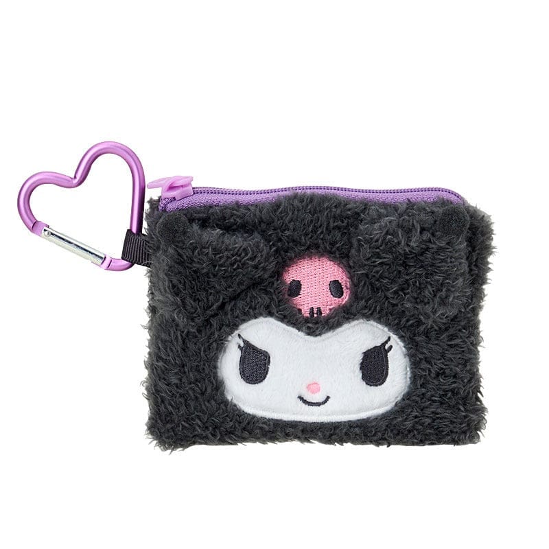 Kuromi mini flat pouch with back fluffy texture and embroidered Sanrio character face on front.