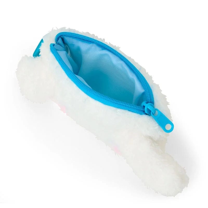 Close-up of pouch showing zipper pull undone revealing inner blue lining color