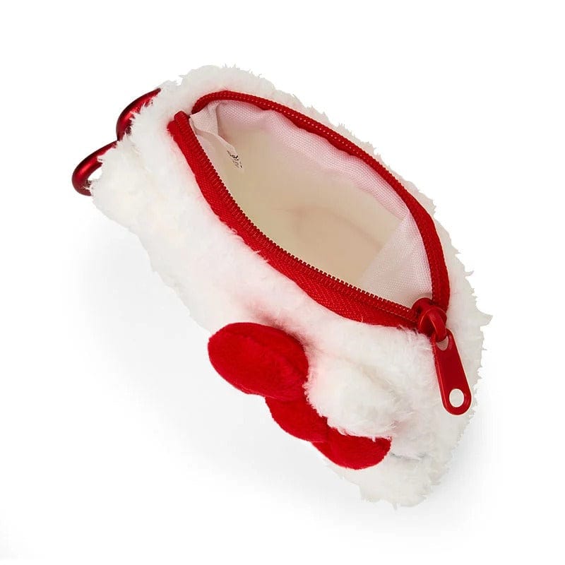 Close-up of pouch showing zipper pull undone revealing inner white lining color