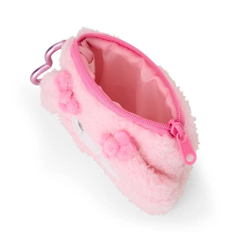 Close-up of pouch showing zipper pull undone revealing inner pink lining color