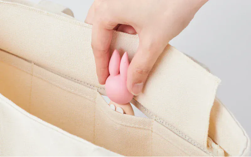 A hand lowering a small figure with a large pink hat into a pouch.