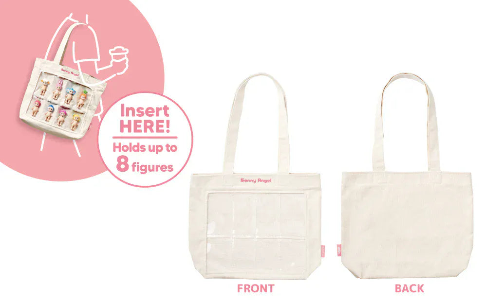 A front and back view of a white tote bag. The front of the bag has two rows of clear plastic holders for figures. There is text reading "Insert Here! Holds up to eight figures."