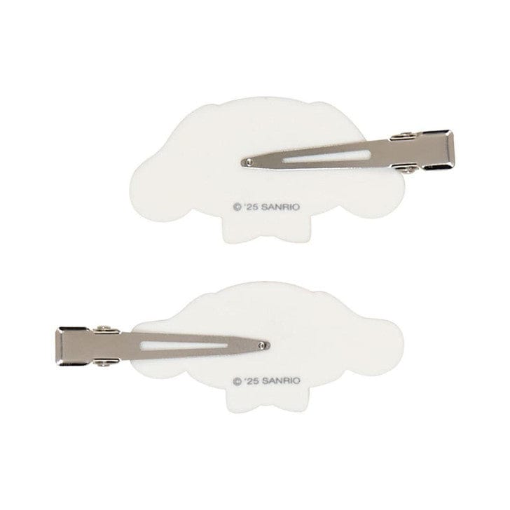 Back of hairclips that are a metal beak style. Each clip's hardware faces the opposite direction. Sanrio copyright mark shown on back of the clip.
