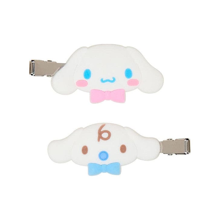 View of Cinnamoroll And Milk flocked hair clips showing shape and character faces