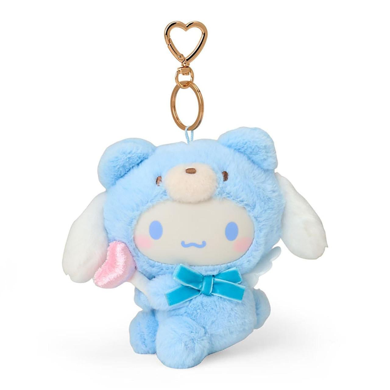 Plush Cinnamoroll keychain with a blue bear design and gold hardware