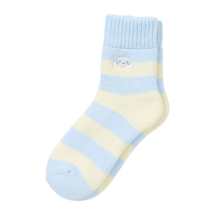 Blue and white socks with a stitching of a little bunny near the ankle.