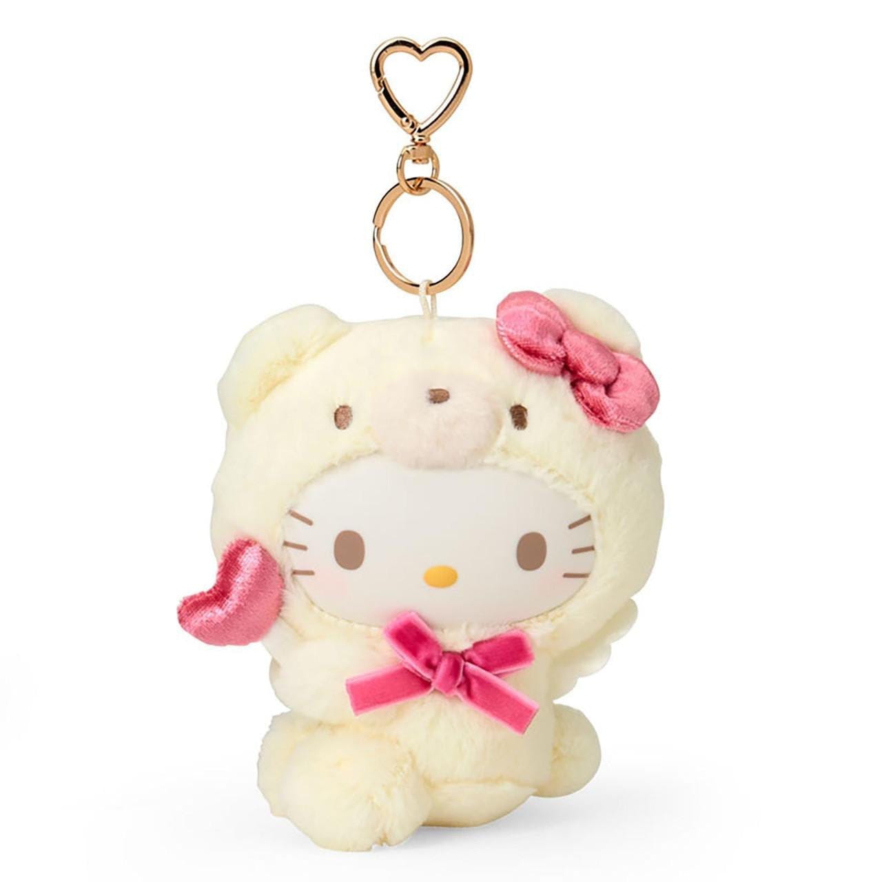 Plush Hello Kitty keychain with a cream bear design and gold hardware
