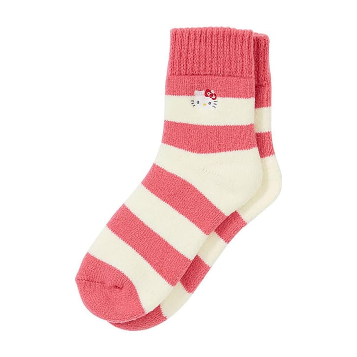 Pink and white socks with a small stitching of Hello Kitty near the ankle.