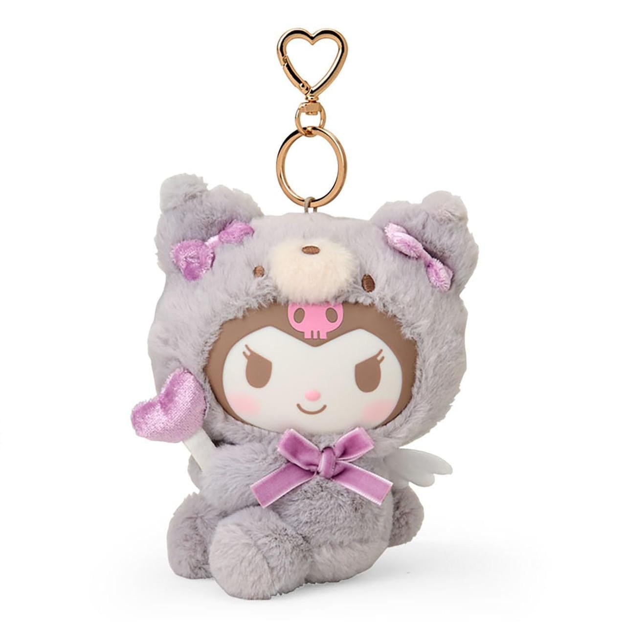 Plush Kuromi keychain with a grey bear design and gold hardware