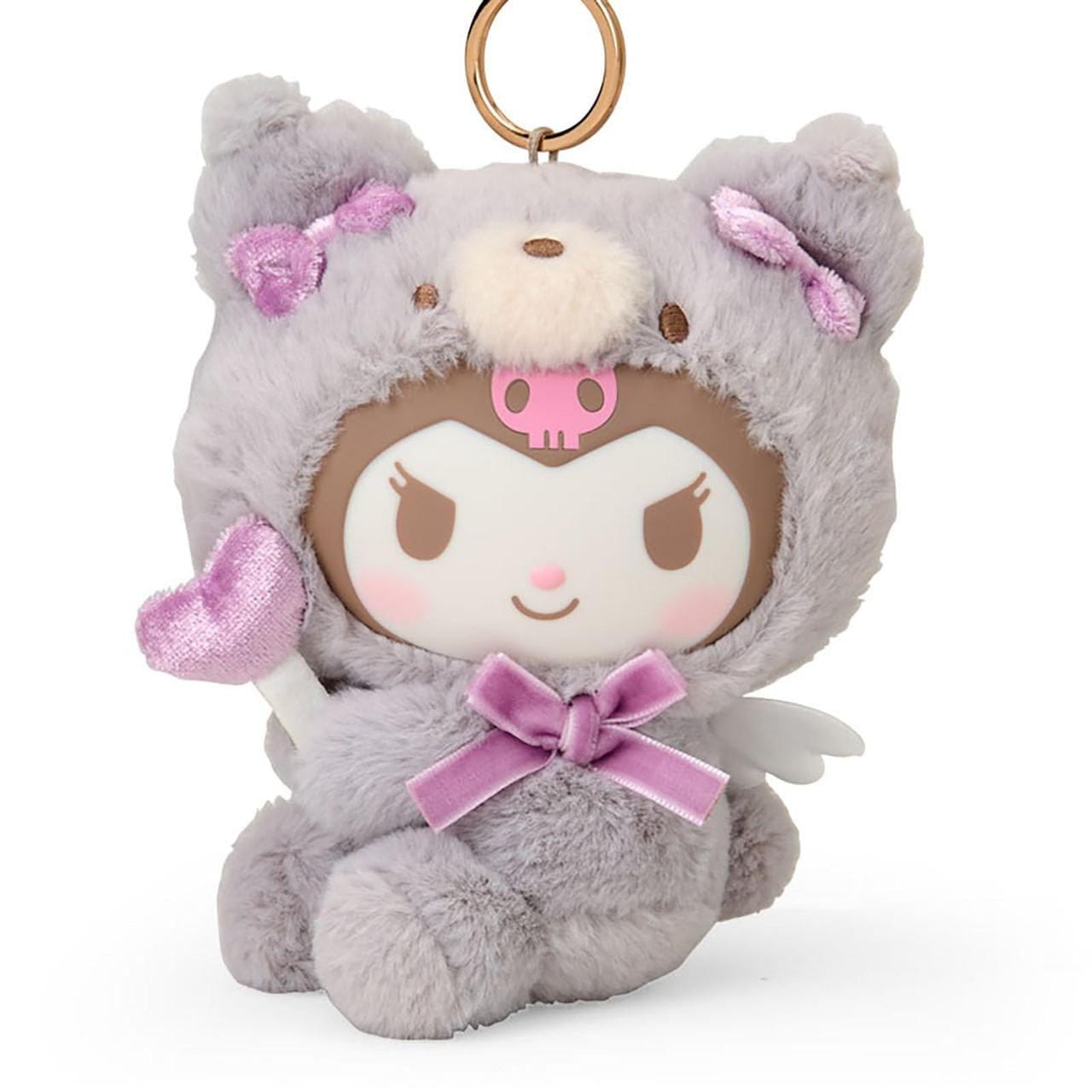 Closeup of plush Kuromi in a grey bear costume with wings and a heart wand