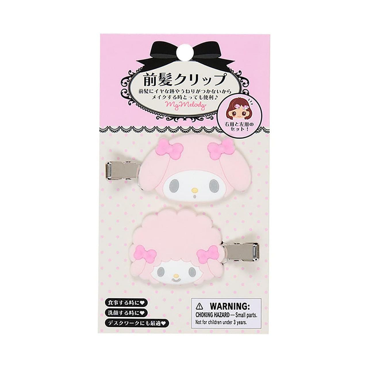 Sanrio bangs hair clip set with right and left clips featuring pastel pink character designs of My Melody and My Sweet Piano