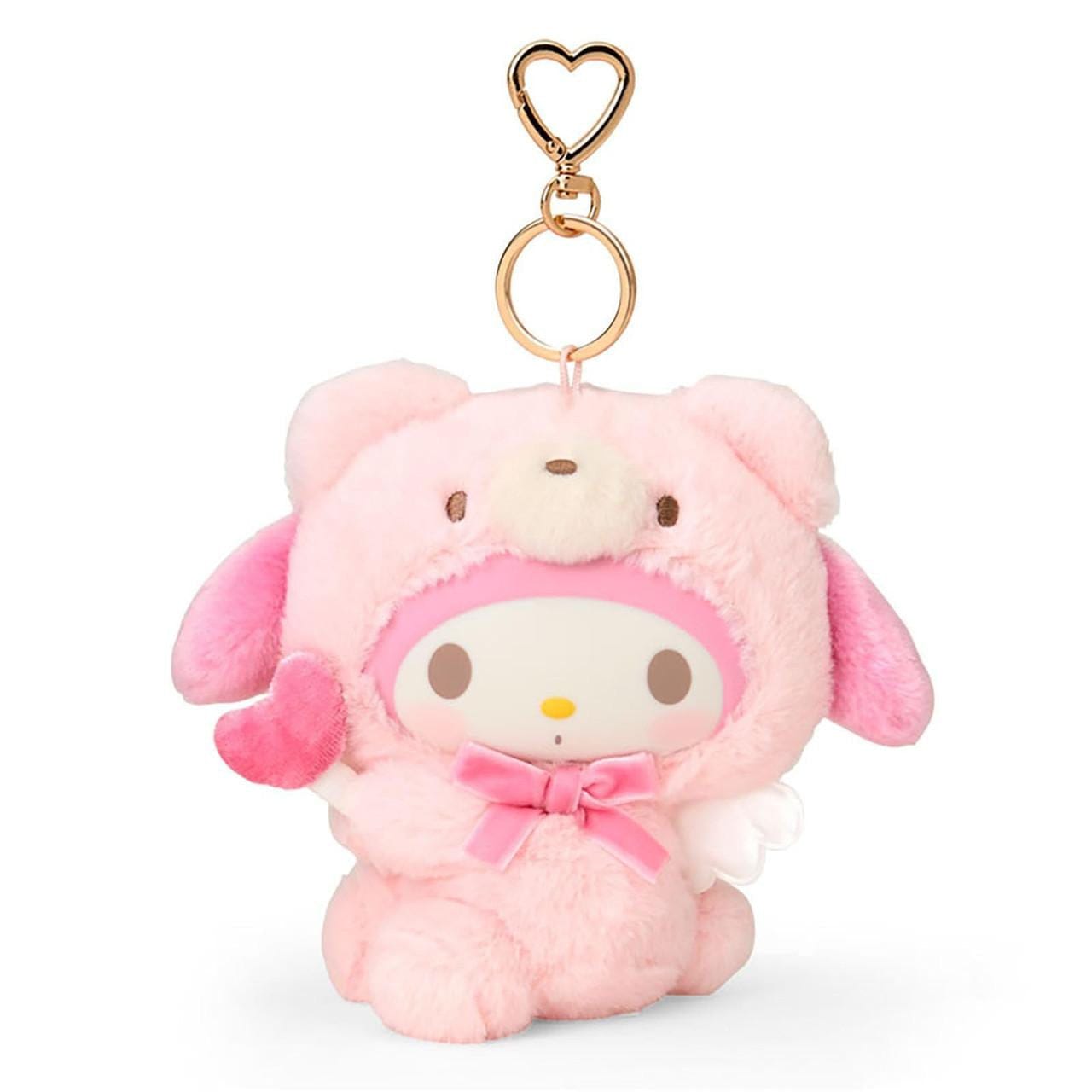 Plush My Melody keychain with a pink bear design and gold hardware