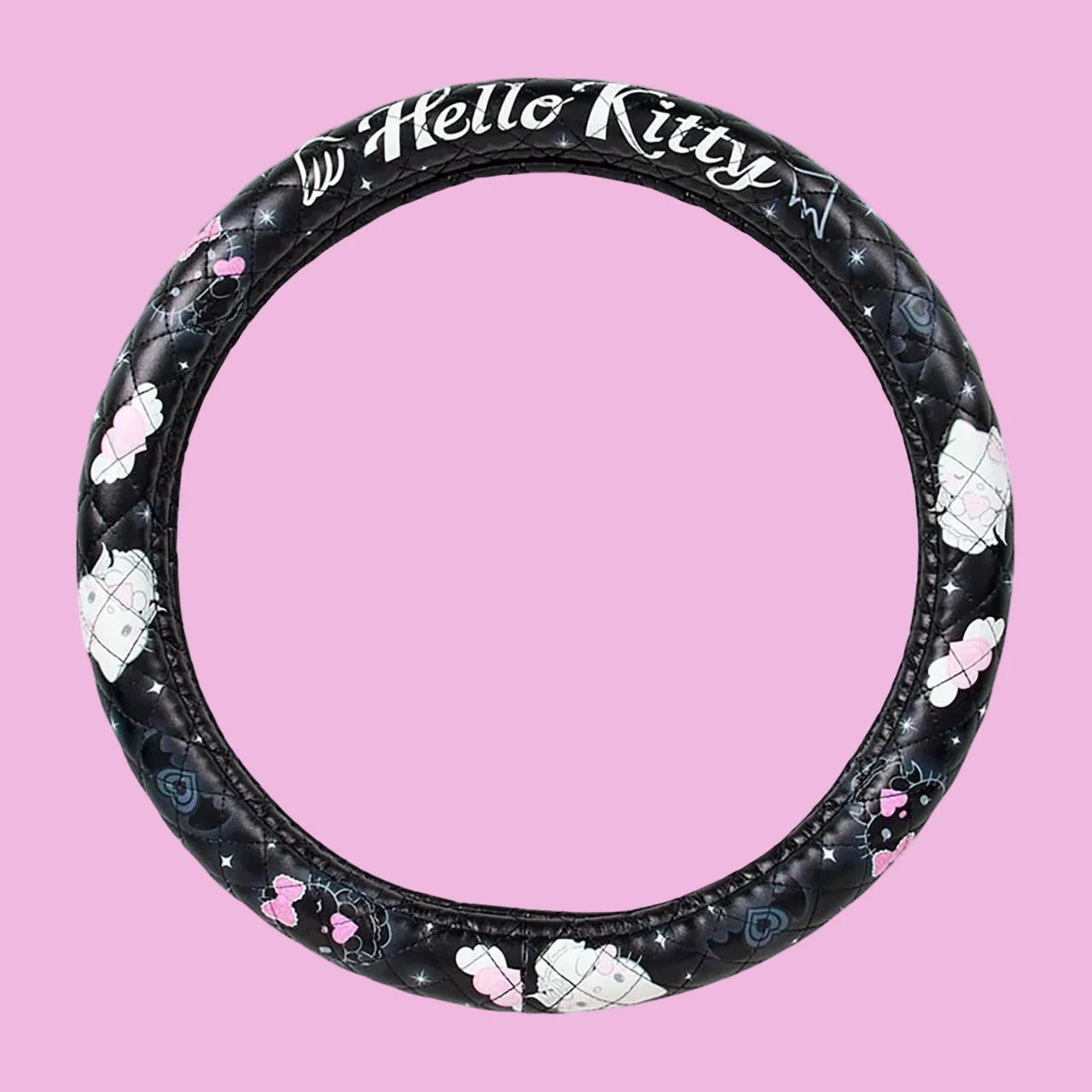 A black cover for a steering wheel with illustrations of Hello Kitty on it.