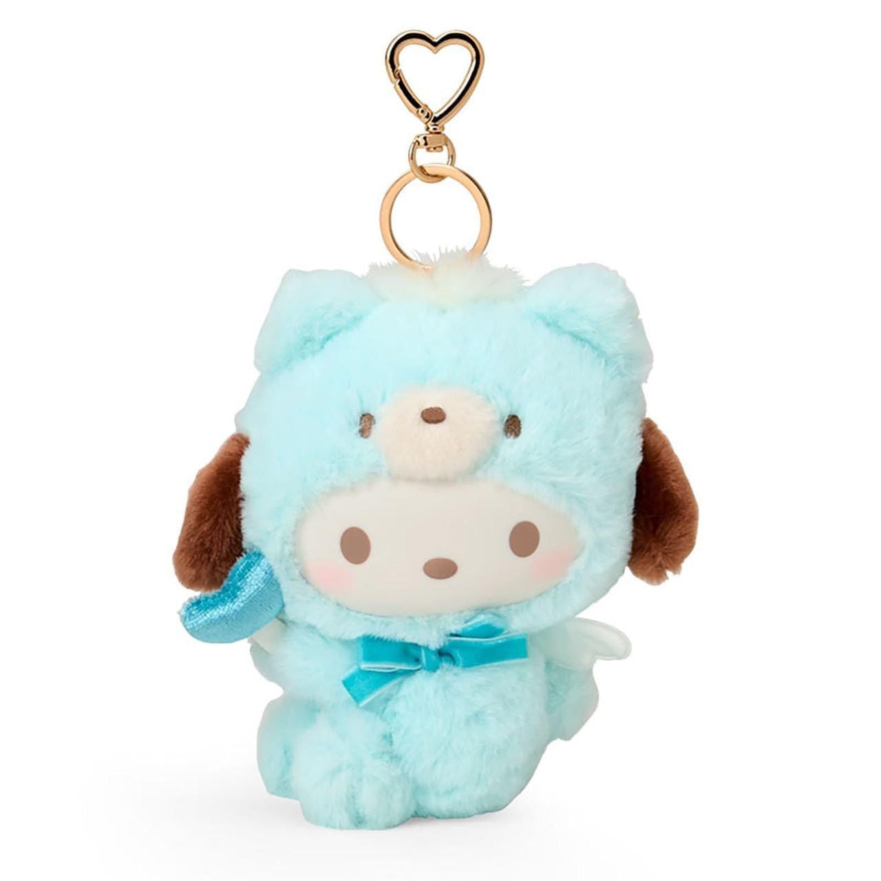 Plush Pochacco keychain with a teal bear design and gold hardware