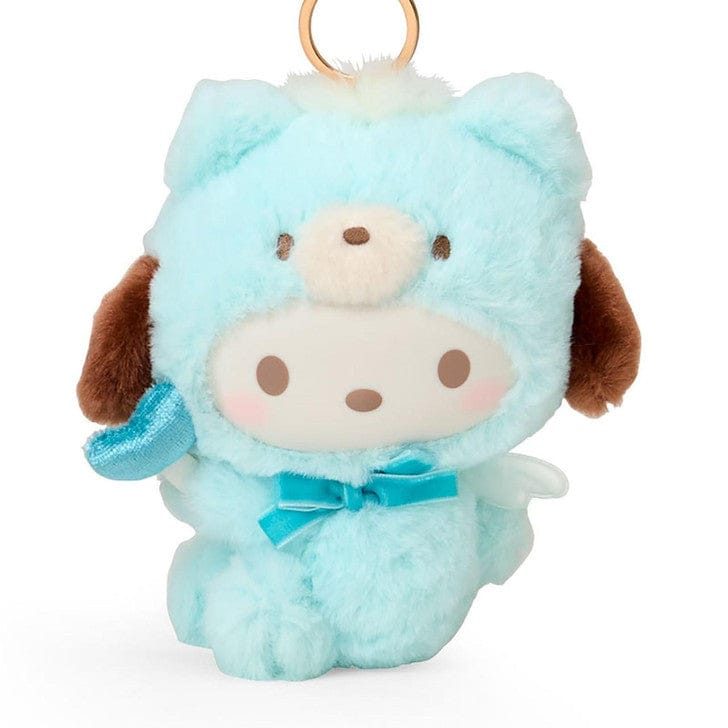 Closeup of plush Pochacco in a teal bear costume with wings and a heart wand