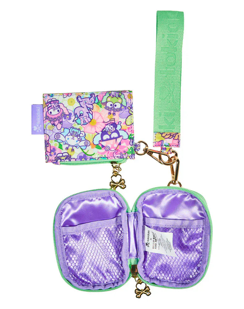 Colorful pouch with colorful tokidoki characters, and a purple interior.