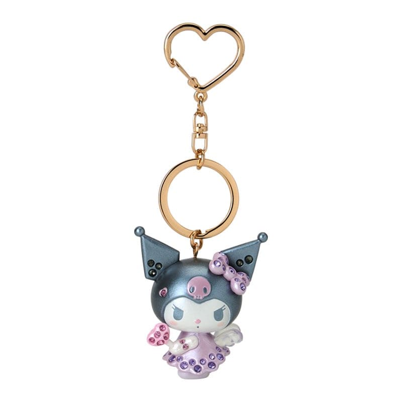 Gold hardware keychain with heart-shaped clasp featuring molded Kuomi figure as an angel encrusted with rhinestones