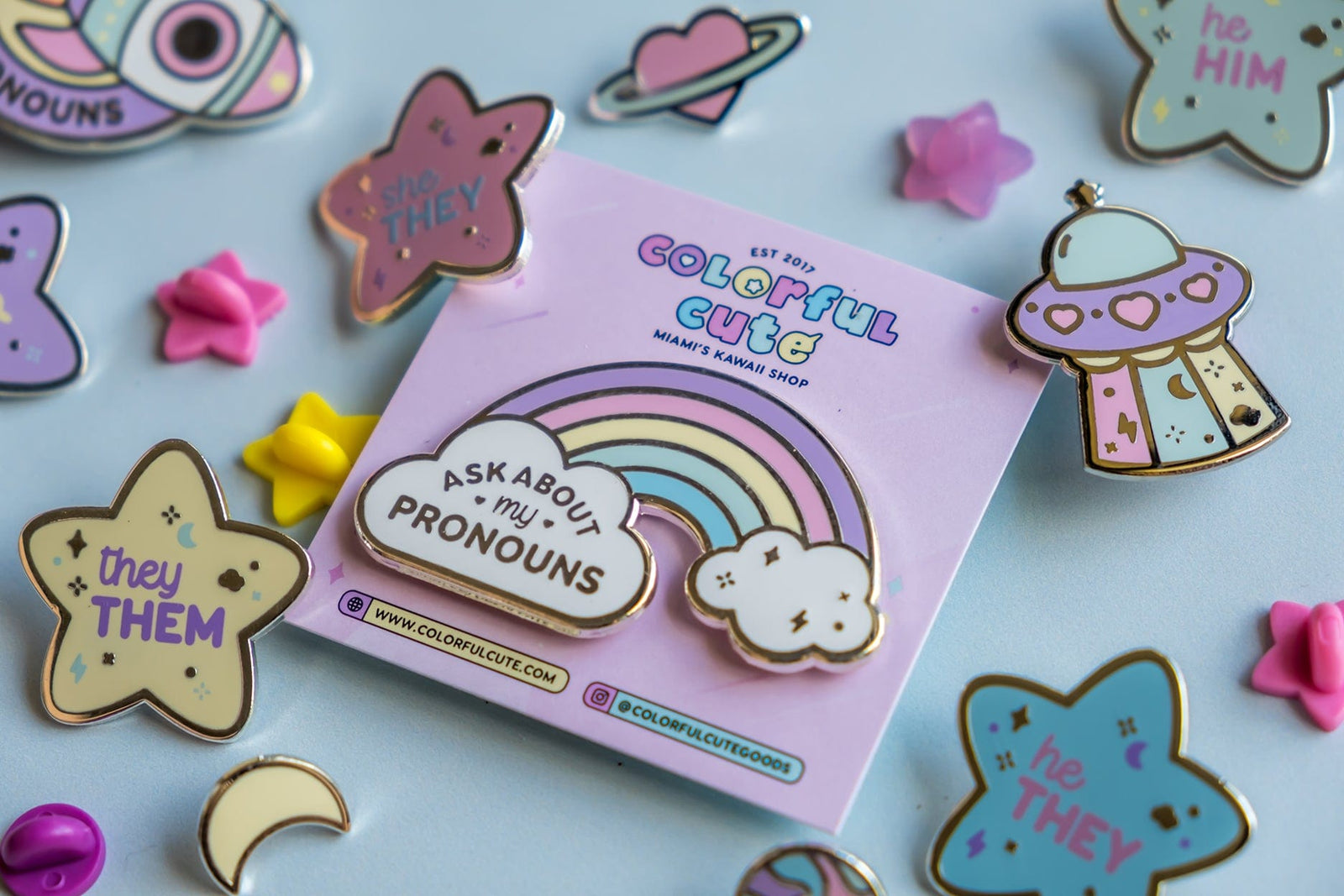 Ask Me About My Pronouns Rainbow Pin